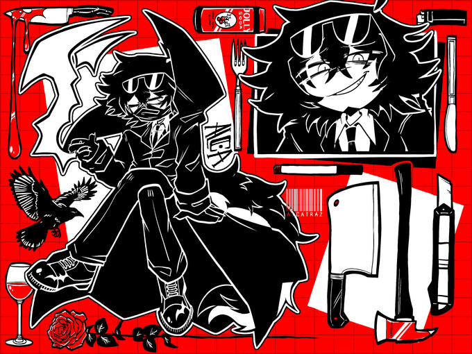 Reference sheet / sticker sheet of my character, Alca, from my comic Red Wine & Roses.